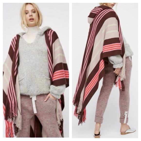 Free People Sweaters - Free People X Back Bay Striped Hooded Kimono Poncho Hoodie Fringe One Size
